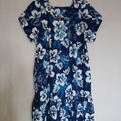 Ali's Fashions Hawaii Muu Muu Lounge Dress Blue White Hibiscus - Size 2X?