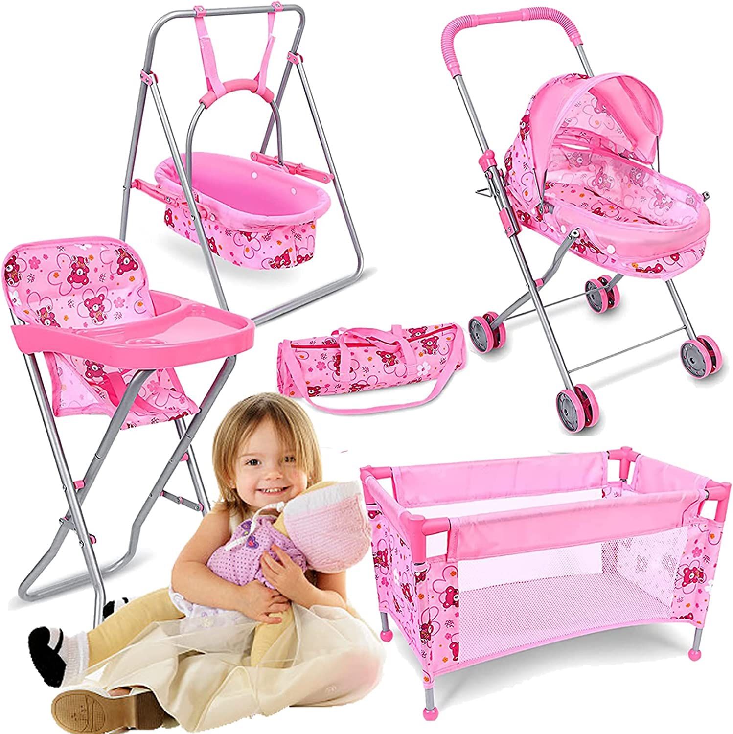 Baby Doll Stroller Set Fits 16" Dolls - 4 Pcs Deluxe Baby Doll Playset with Foldable Doll Stroller,Baby Doll Crib,Doll High Chair,Swing Baby Doll Acce