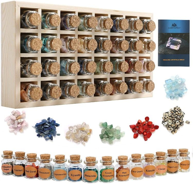 32 Crystals for Witchcraft with Wooden Tray - Healing Crystals chip in 5ml Glass Bottles - Chakra Healing Crystals in Gift Package - Witchcraft Suppli