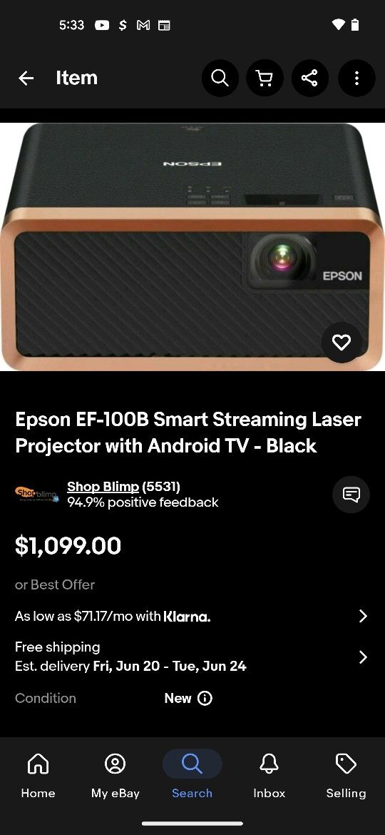 EPSON EF-100B Projector w/ Android Tv