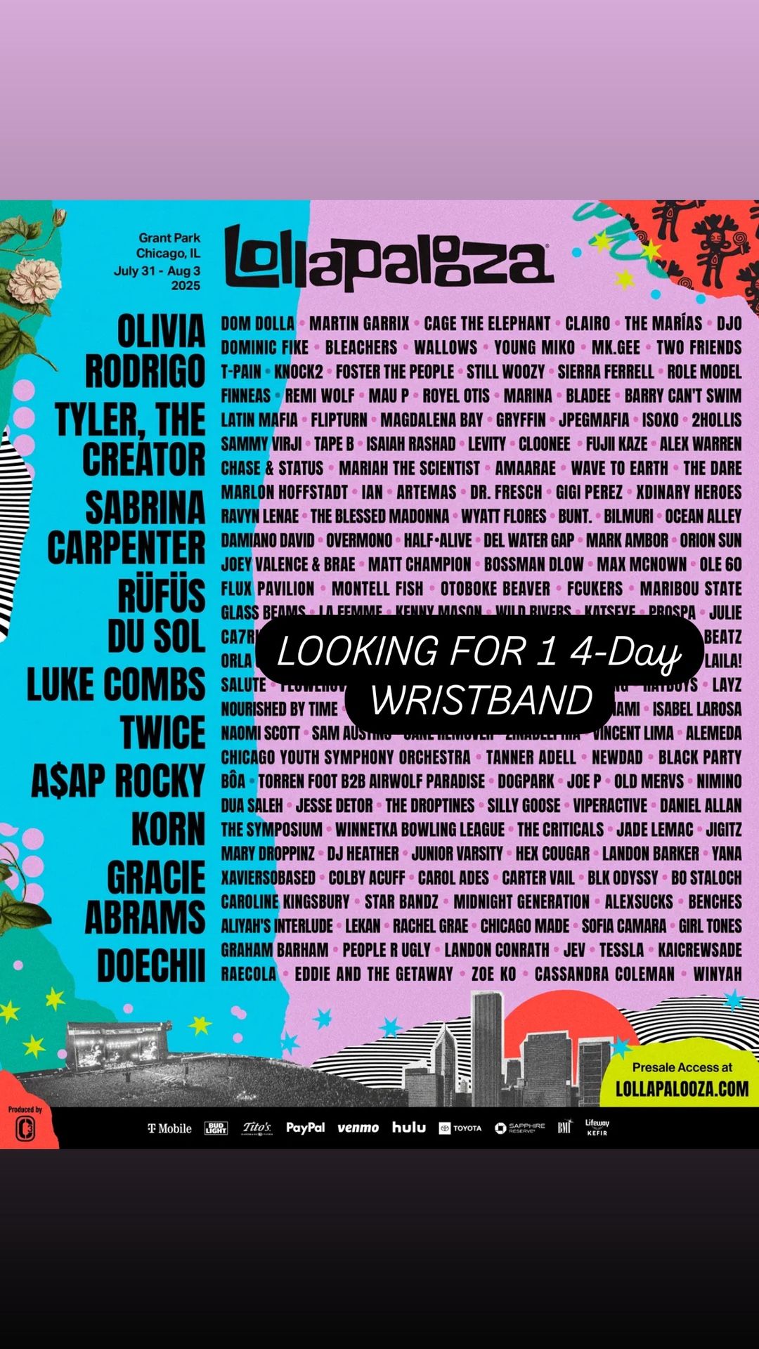 Lollapalooza 2025 4 Day Wristband Ticket