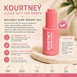 KOURTNEY Clear Self-Tan Drops – Extra Dark Hydrating Self Tanner with Hyaluronic Acid | Vegan & Fragrance-Free | 1.01 fl oz / 30 mL