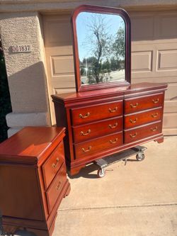 Dresser, mirror, and nightstand