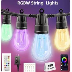 Cadena de luces para exteriores de 49 pies, luz inteligente para exteriores para patio con 15 bombillas LED RGBW regulables, IP68 impermeable a prueba