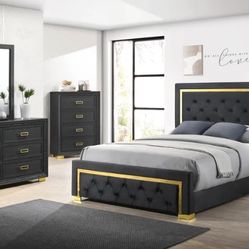 Pepe Black/Gold Panel Upholstered Bedroom Set
