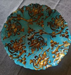 Vintage Turquoise Blue Gold Ornate Decorative Bowl Tray Scalloped Floral