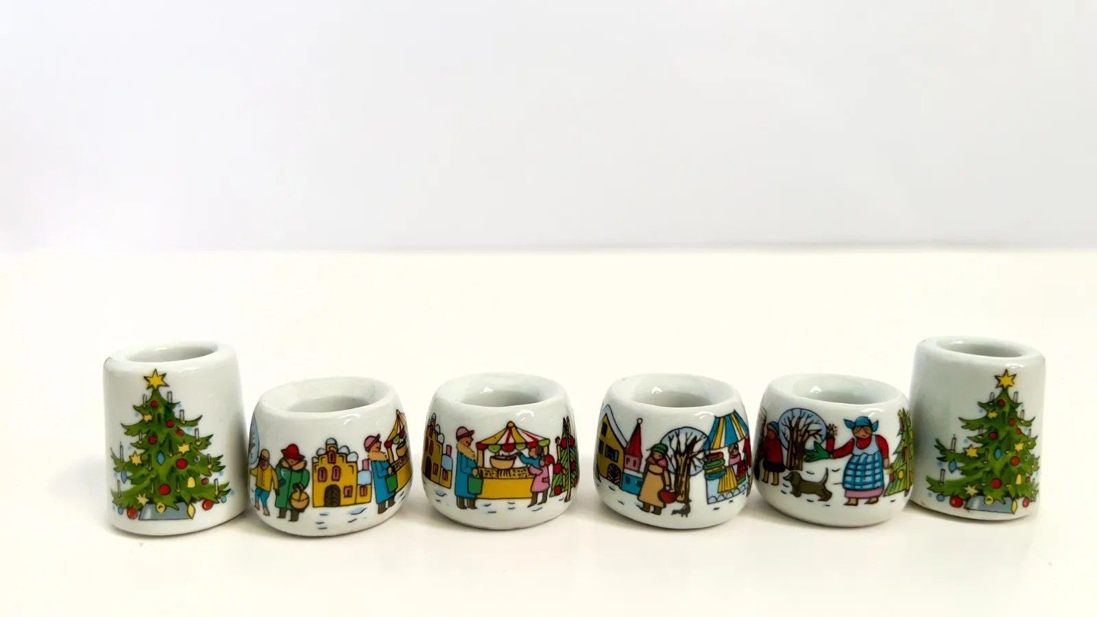 6 Vintage Miniature Mini Porcelain Christmas Tree Candle Holders - Germany