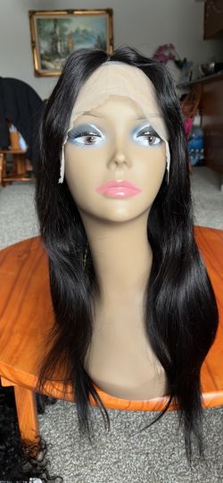 100%Human hair wig Black Lace Front Long Straight Wig