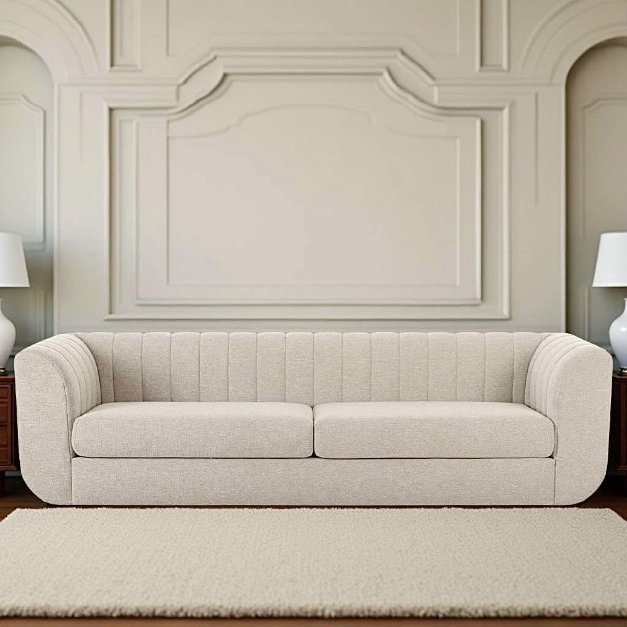 Free Delivery NEW IN-BOX Oversized Curved Sofa, Moe’s Home, Neutral Oatmeal Fabric (MSRP $2,500+tax)