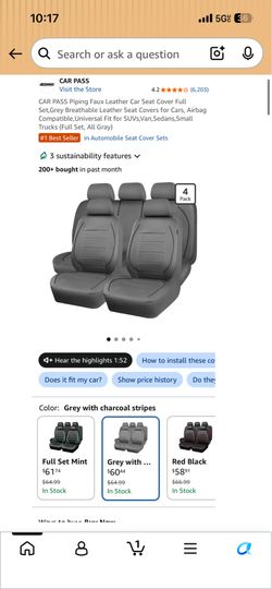 CAR PASS Piping Faux Leather Car Seat Cover Full Set,Grey
