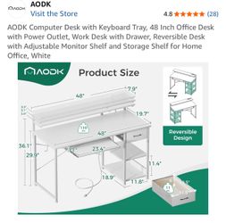 White Computer Desk with USB & USB-C Ports, Outlets & Storage