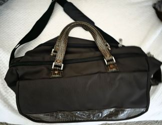 Brown Nylon Duffel Bag with Faux-Crocodile Trim