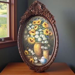 1980s Vintage Still Life Sunflower Oval Ornate Wood Frame Painting Art