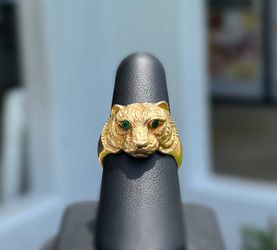 Jewelry 18k solid yellow gold emerald 0.20CTW tiger cat ring sz 8.75