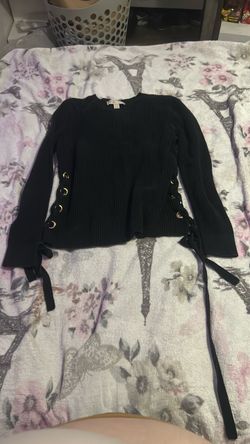 Black Ribbed Knit Lace-Up Sweater