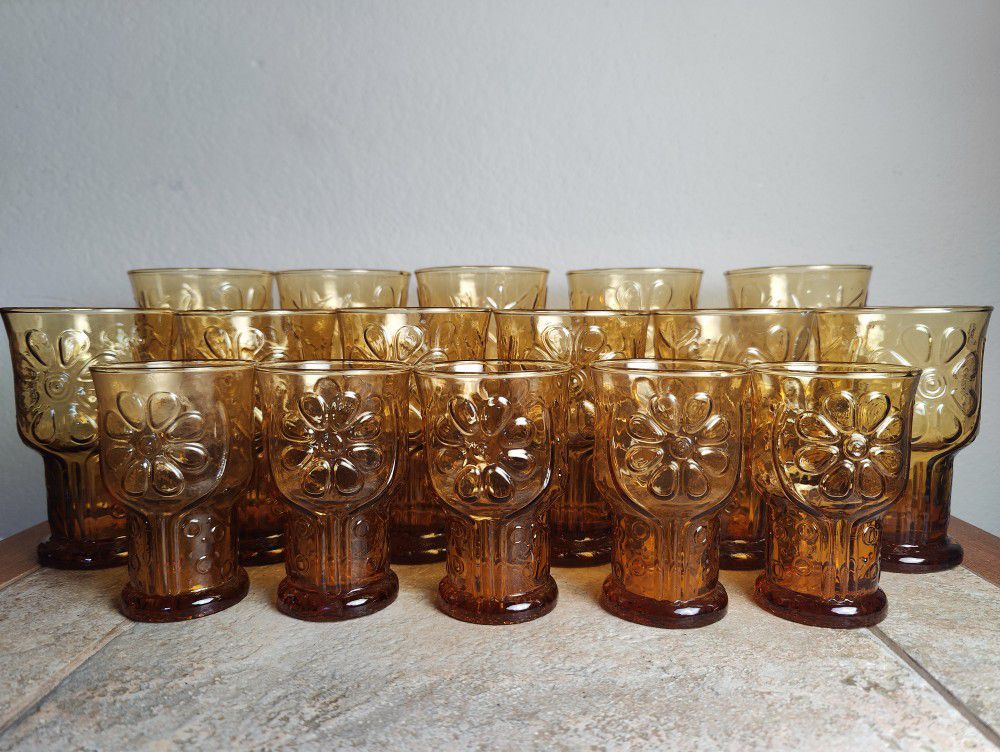 Vintage Libbey Amber Country Garden Daisy Flower Water Goblet Glasses