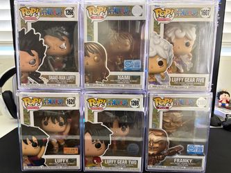 🔥 One Piece Funko Pop Collection – Luffy, Gear 5, Nami & Franky | Protectors Included