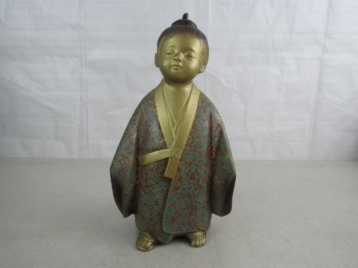Japanese Okimono Vintage Cast Iron Buddhist Boy Statue 11" Tall
