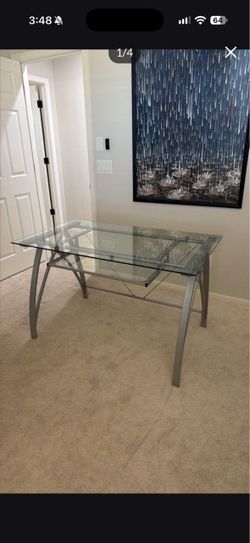 REDUCED Realspace Vista 48"W Glass Computer Desk, Silver