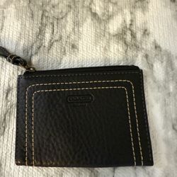 Coach Leather Keychain Wallet Black With White Stitching Coin Zip