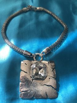 Silver Statement Choker Necklace Artsy Square Crystal Stone Accent -7” necklace drop-3” adjustment