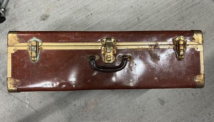 vintage metal suitcase red brown tweed print some rust mildew needs refurbishing