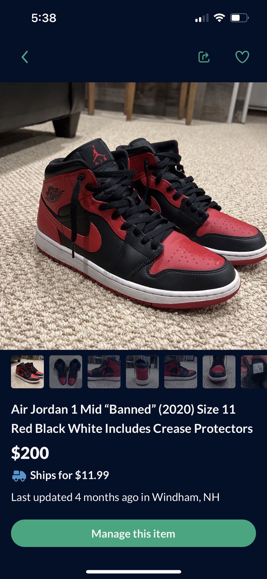 Air Jordan 1 Mid “Banned” (2020) Size 11 Red Black White Includes Crease Protectors