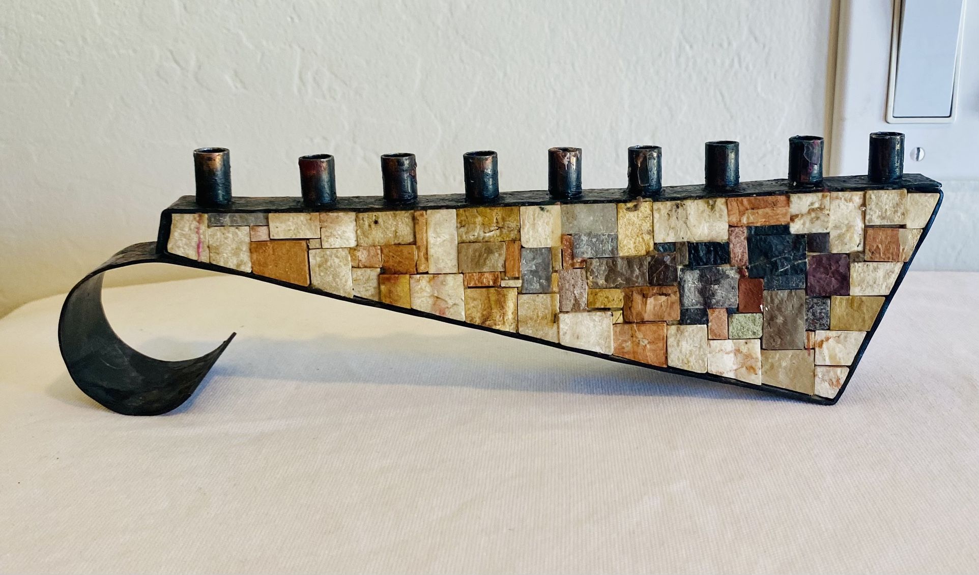 Vintage Judaica EILON MOSAICS Menorah Copper Stone Israel Brutalist Candle Holder