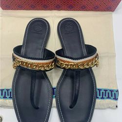 Tory Burch Benton Leather Thong Sandal Thong Chain Flip Flops Size 5