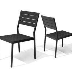 (Set of 2) Aluminum Frame Stackable Patio Outdoor Dining Chairs with Wood Plastic Composite Panels, Black 