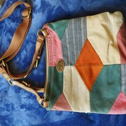Patchwork Leather & Linen Fossil Messenger Purse