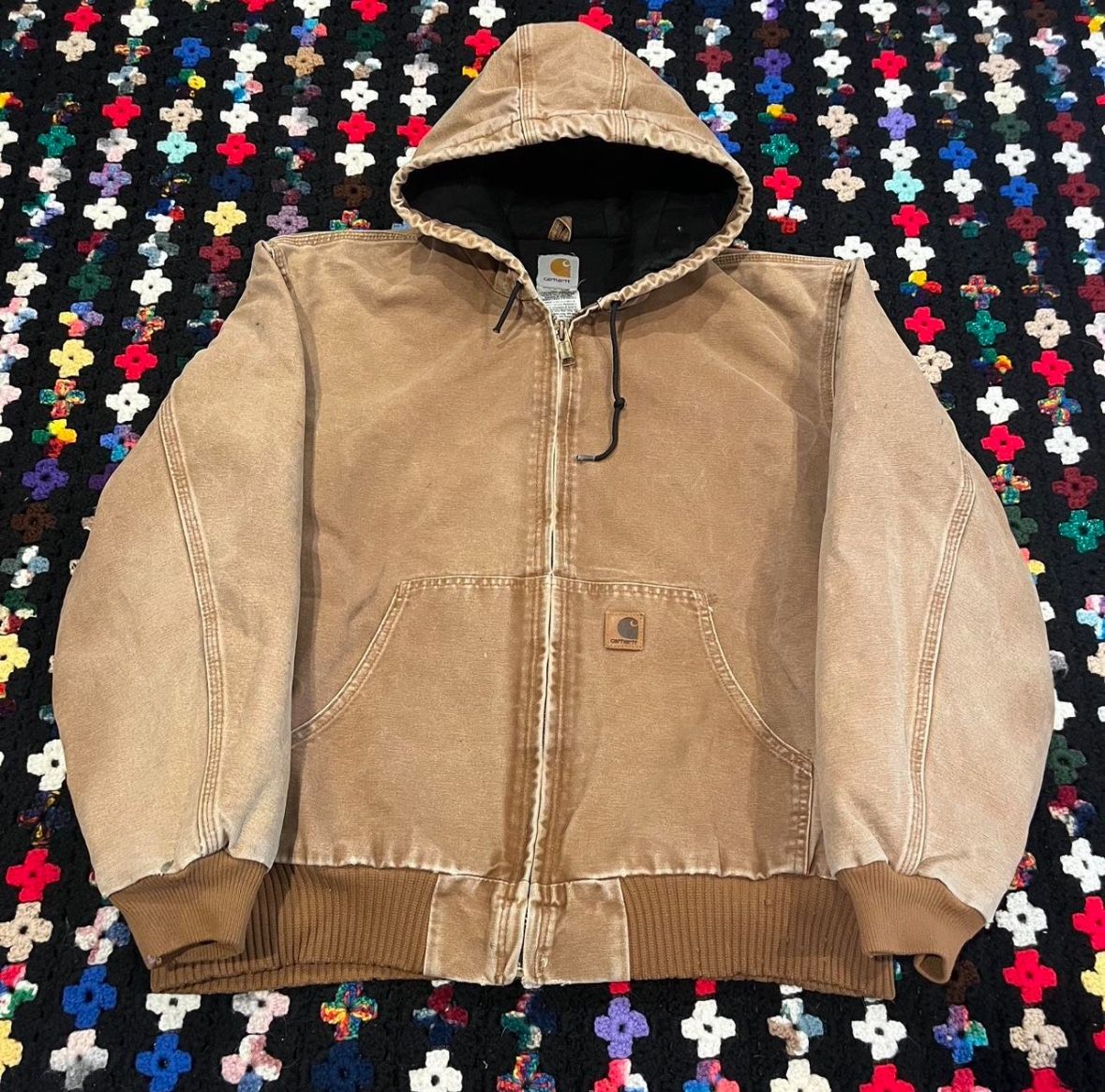 Vintage Carhartt Hooded Canvas Workwear jacket Tan/Brown in a XL