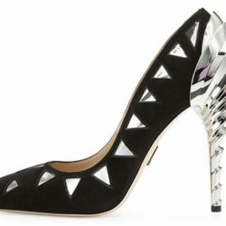 Paul Andrew Chrysler building heels chrome shell layered  shoes triangle pumps 