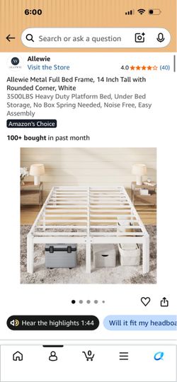 Allewie White Metal Full Bed Frame 14 Inch