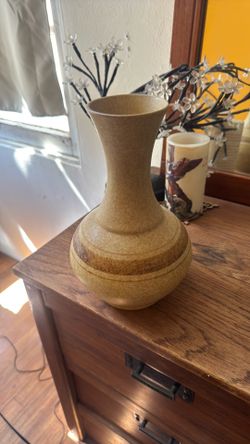 Vintage Mid-Century Modern Pottery Craft Stoneware Brown Tan Striped Vase
