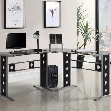 L-Shape Office Desk In Black And Silver