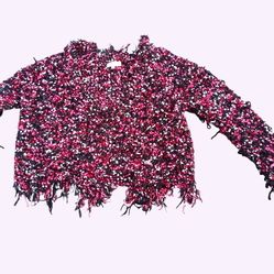 Women's 'Ultra Flirt' Black Sweater "Destruc Chen V" Pink Red Fringe Scallop Sz. Med