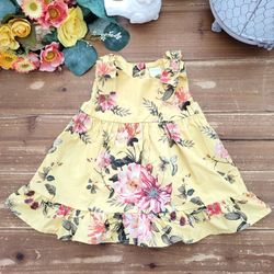 12MOS 2-PIECE SET BOUTIQUE SLEEVELESS MUSTARD YELLOW MULTICOLOR FLORAL BOW STRAP SHOULDER RUFFLE HEM COTTON DRESS W/DIAPER COVER