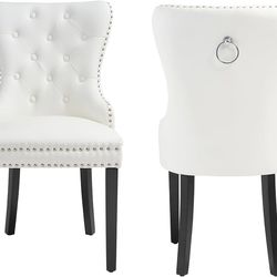 E839 $80  PU Leather Dining Chairs Set of 2, Tufted Upholstered Dining Room Chair with Pull Ring and Solid Wood Legs, White  Color White Material Wood