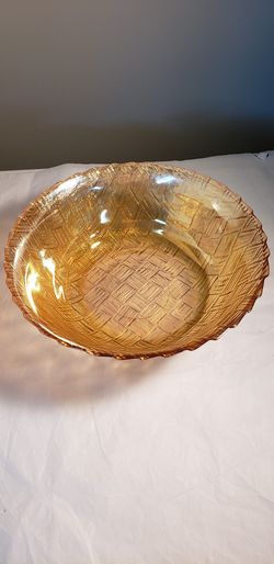 Vintage Weavetex Iridescent Merigold Carnival Glass Serving Bowl Basket Weave Pattern