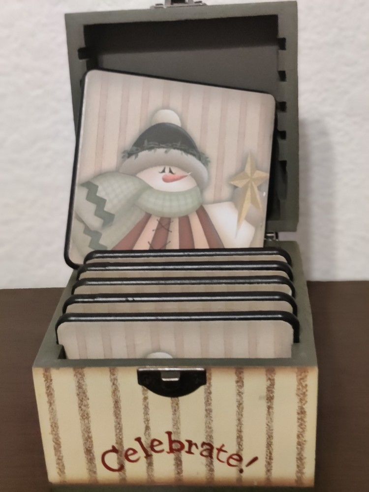 Crazy Mountain Snowman Coaster Set 6 Snowmen Holiday Coasters Wood Storage Box