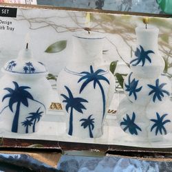 candle set with tray palm tree design