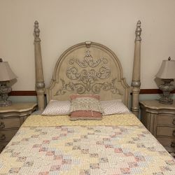 Antique Vintage Queen Headboard and Set of nightstands With Lamps