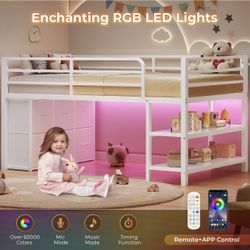 Low Loft Bed with 6 Storage Drawers, Twin Loft Bed with LED Lights, White 