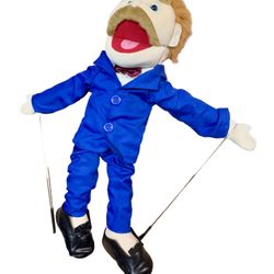 Full Body Man Puppet with Blue Suit and Arm Rods 30 Inch Ventriloquist Style