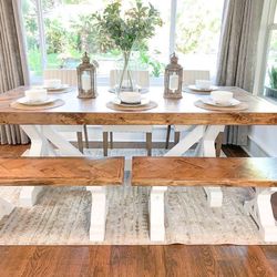 Custom Dining Table Solid Wood Farmhouse Set Round Oval Modern Rustic Hand Built Handcrafted Bench Kitchen Breakfast Counter Bar Comedor  Farm House 