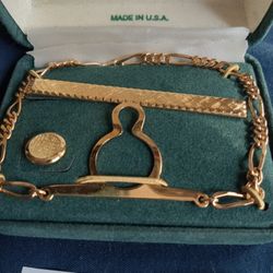 Vintage Tie Pin, Collar Bar With Chain,  Tie Clip  " ANSON" Read Description Please 