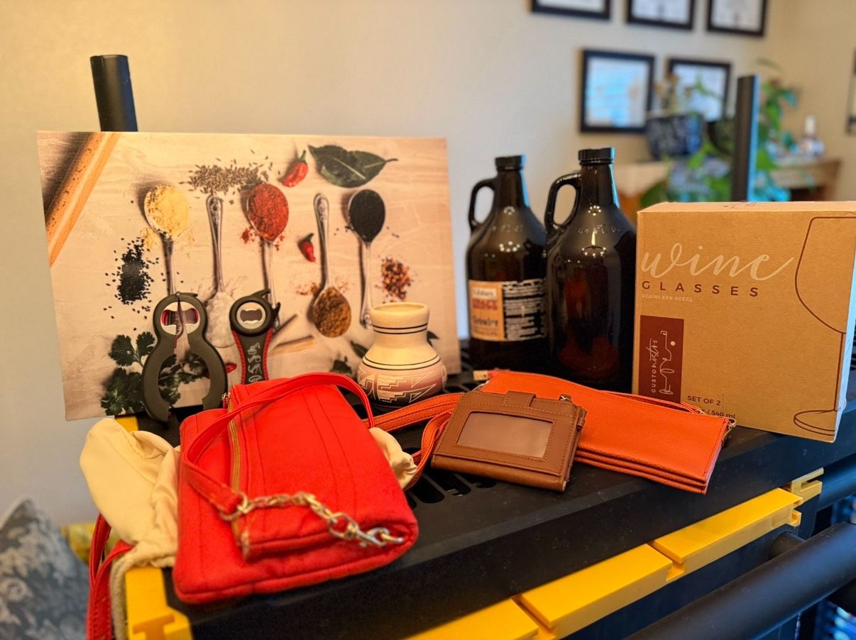 Miscellaneous Household Items; Canvas Print, Wine Glasses, 64oz Growlers, Purses, Wallet, Bottle Opener, Jar Opener, Etc
