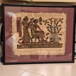 Vintage  Egyptian art On Papyrus Paper - Framed And Matted