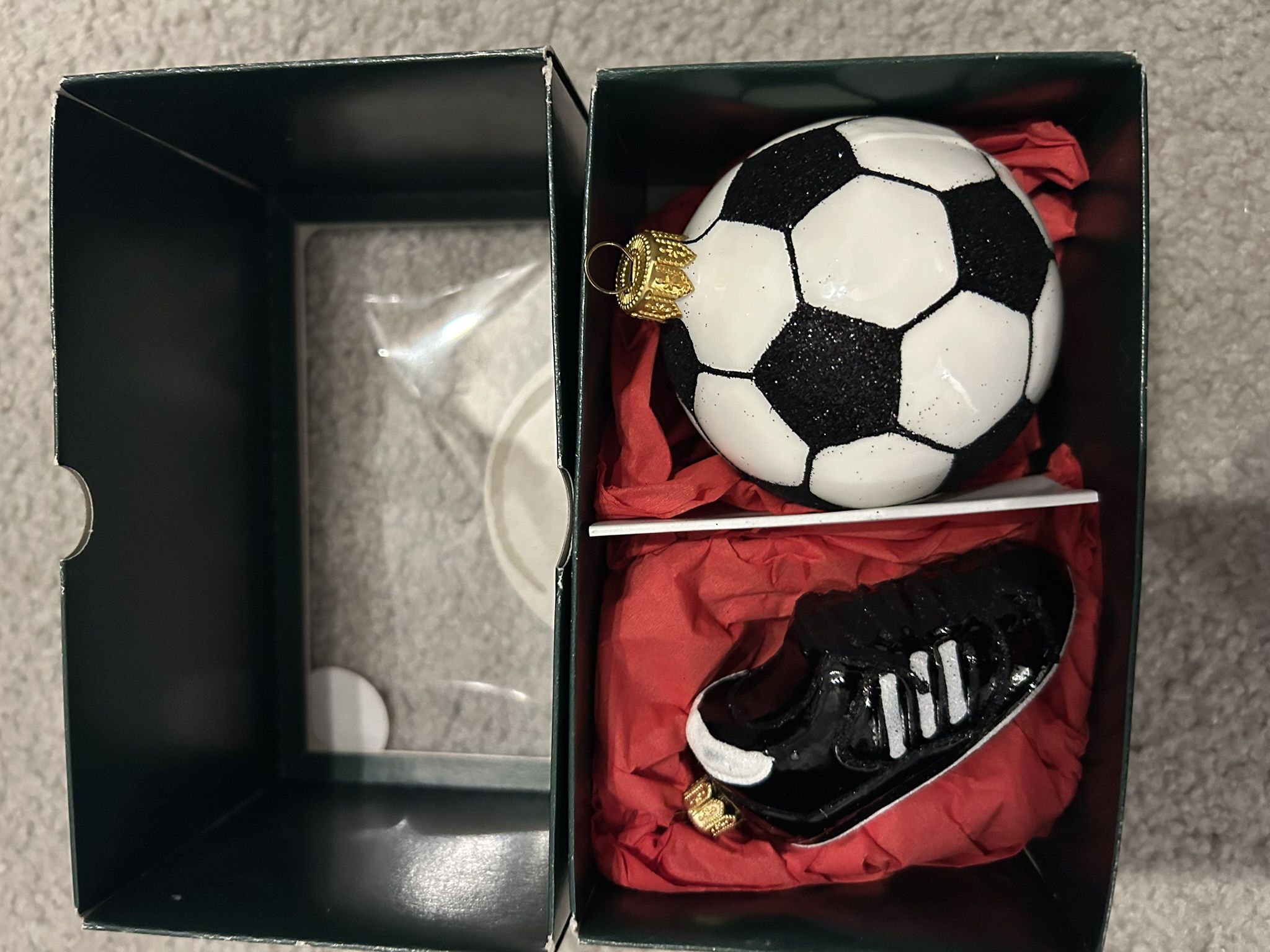 Set of Two, New in Box, Soccer Ornaments - Soccer Ball and Cleat
